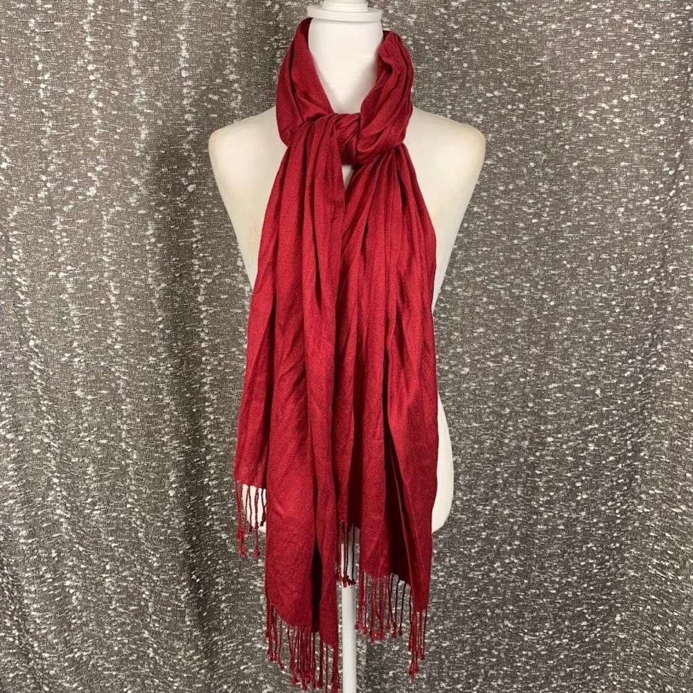 Red Pashmina Cashmere Scarf Wrap with Fringe Tassels Soft Solid Crimson Shawl
